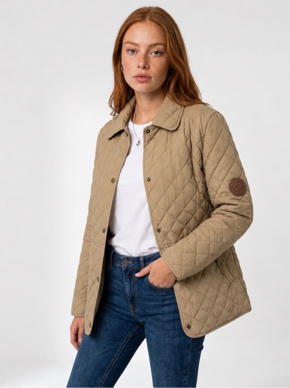 Lauren Ralph Lauren Quilted Jacket Women M Beige Tan Equestrian Preppy Coat NWOT